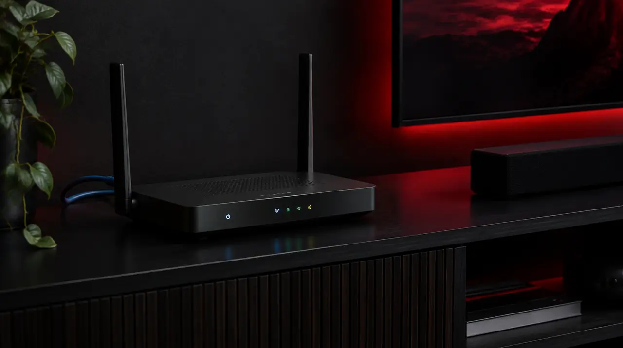 Wi-Fi router with status lights on a dark TV console beside a wall-mounted TV