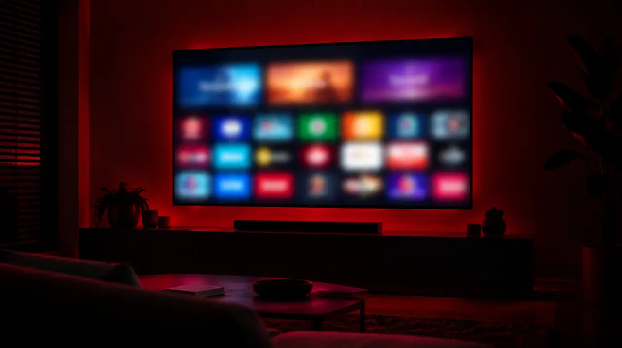 Smart TV home screen showing a grid of streaming apps in a dim living room