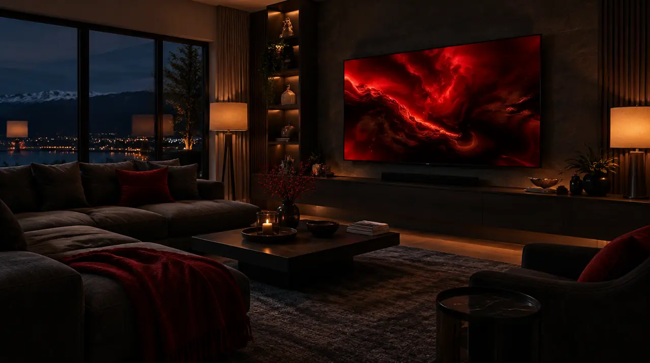 A dark modern living room with a large TV showing red abstract light