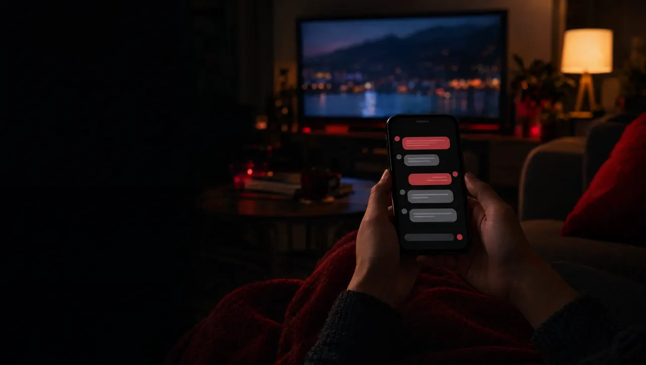 Viewer on the sofa messaging My IPTV Canada support on a phone, with the TV playing in the background