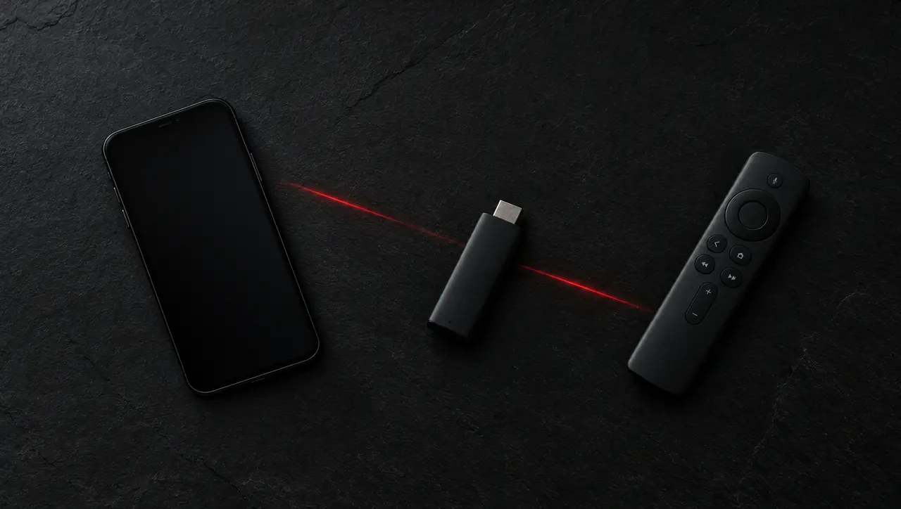 A phone, a streaming stick and a remote on dark slate, linked by a red line, showing how IPTV reaches your screen