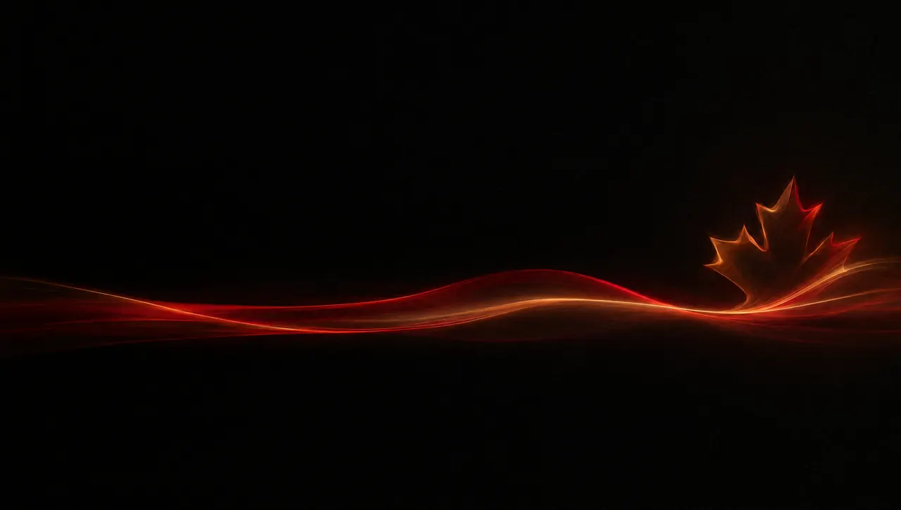 A crimson ribbon of light flowing into a glowing maple leaf, the My IPTV Canada mission for Canadian homes