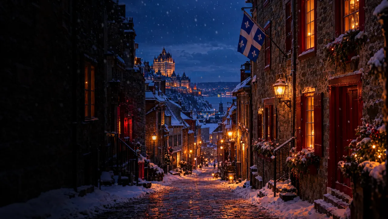 Rue enneigée du Vieux-Québec un soir d’hiver, lanternes allumées et drapeau du Québec